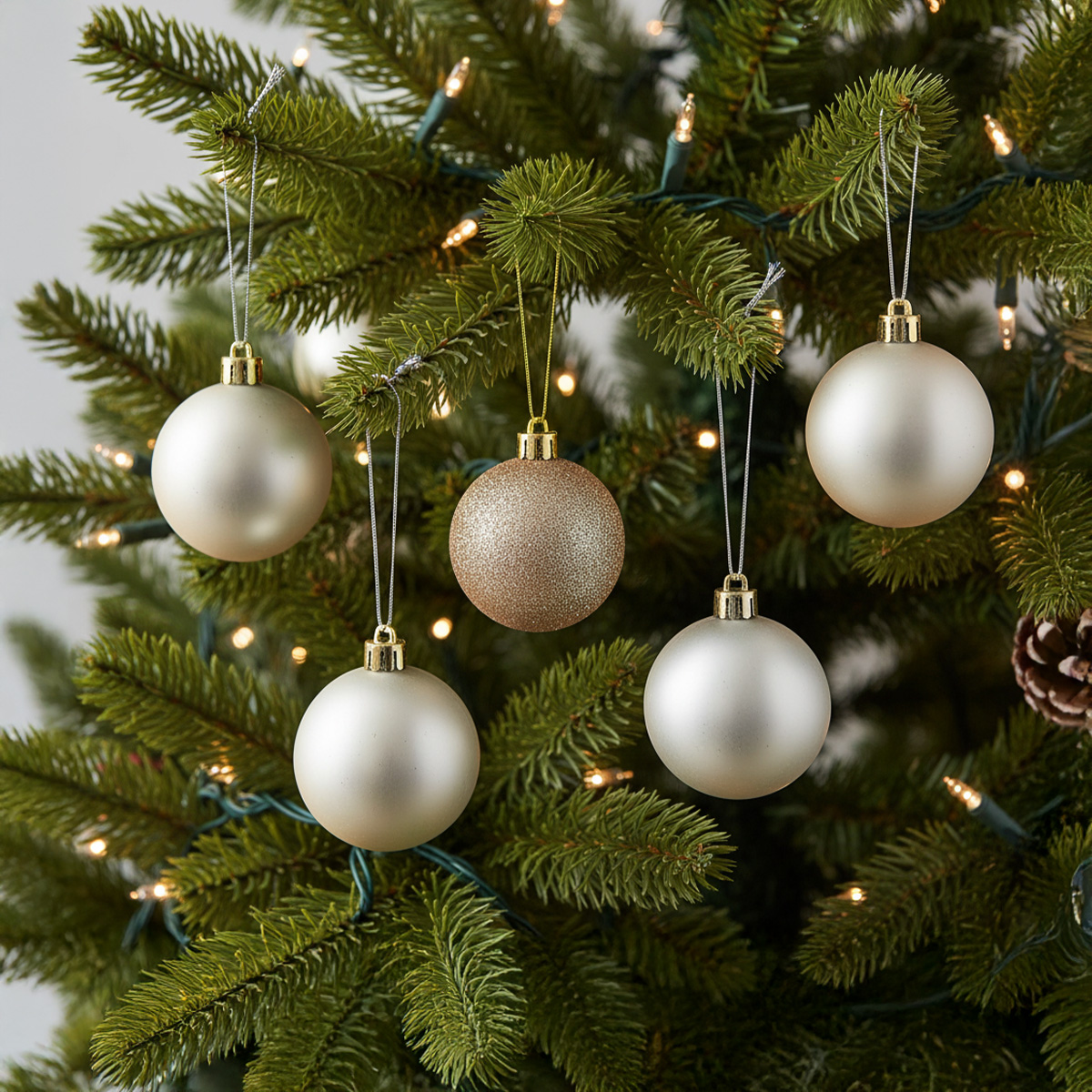 Adornos navideños de plata y oro en un árbol decorado.