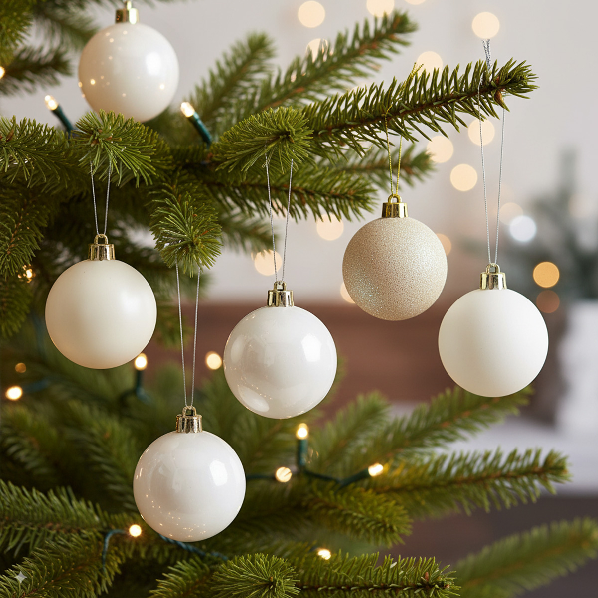 Palline di Natale bianche e dorate su un albero decorato