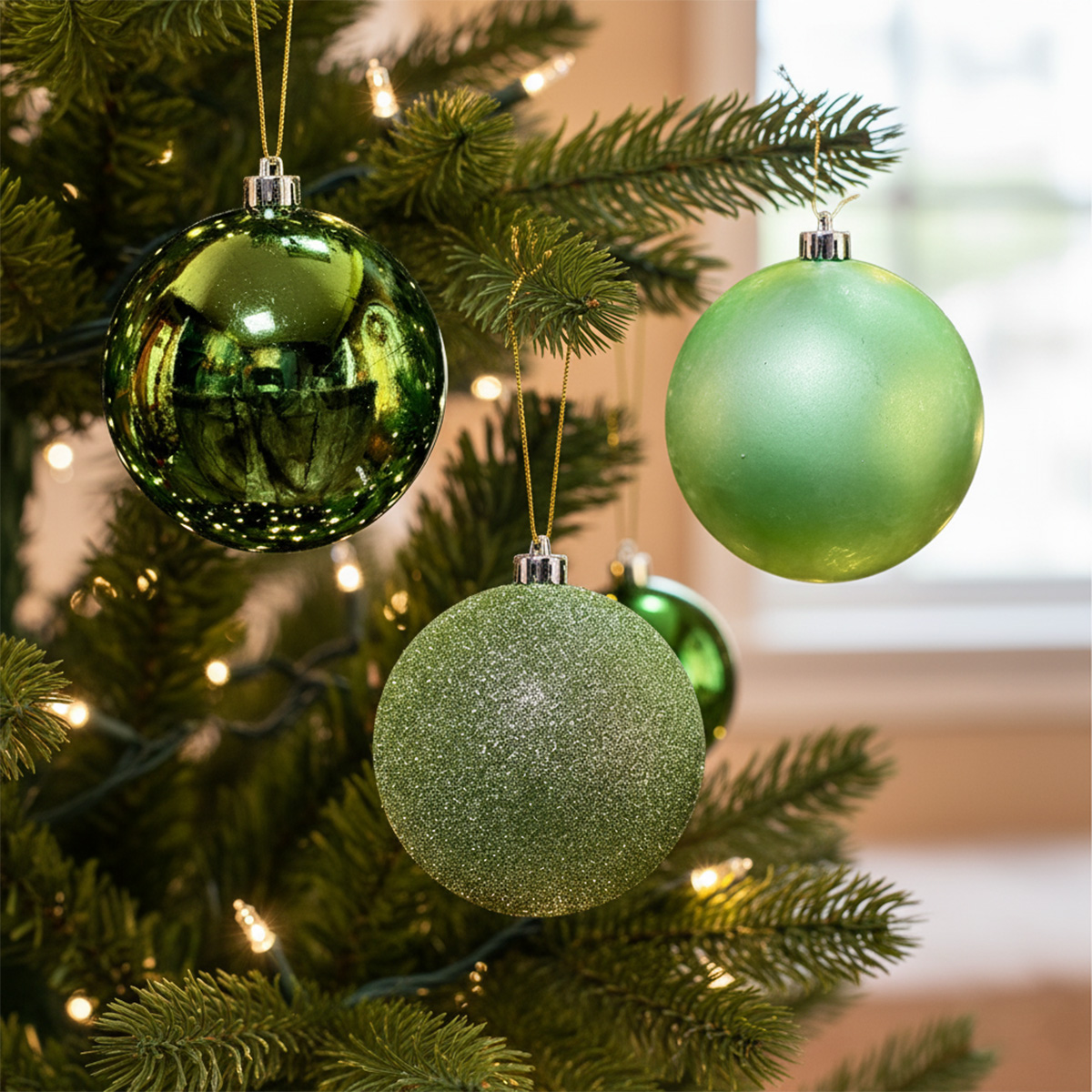 Grüne Weihnachtskugeln an einem mit Lichtern geschmückten Baum