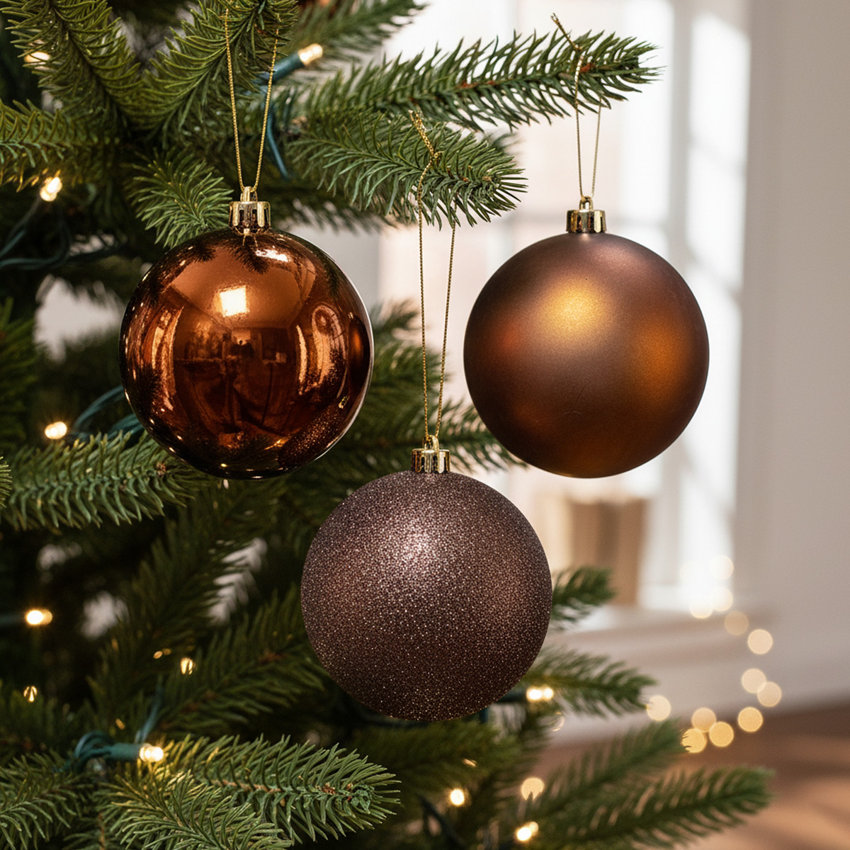 Palline di Natale marroni su un albero decorato con luci