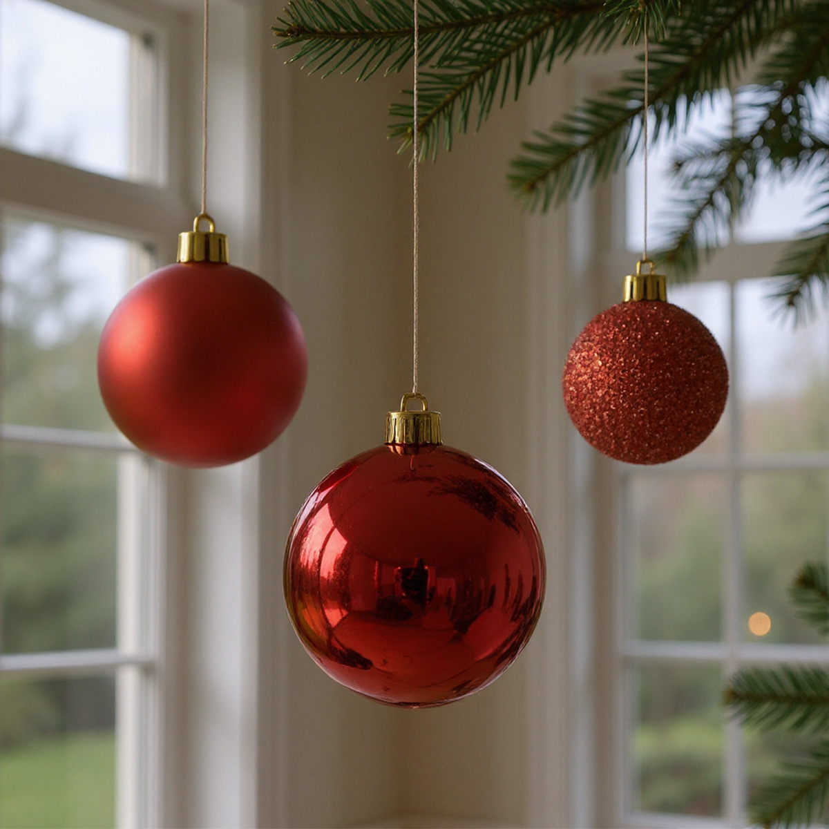 Tre palline di Natale rosse appese a un albero di Natale