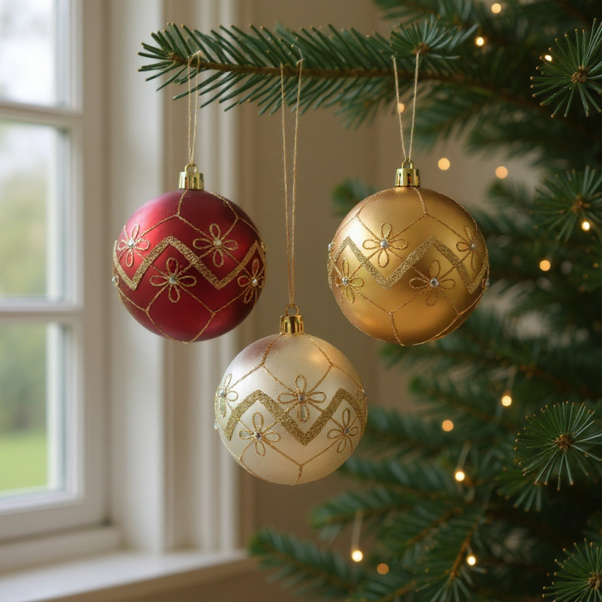 Tre palline di Natale rosse, dorate e crema decorate con motivi floreali dorati appese a un albero di Natale