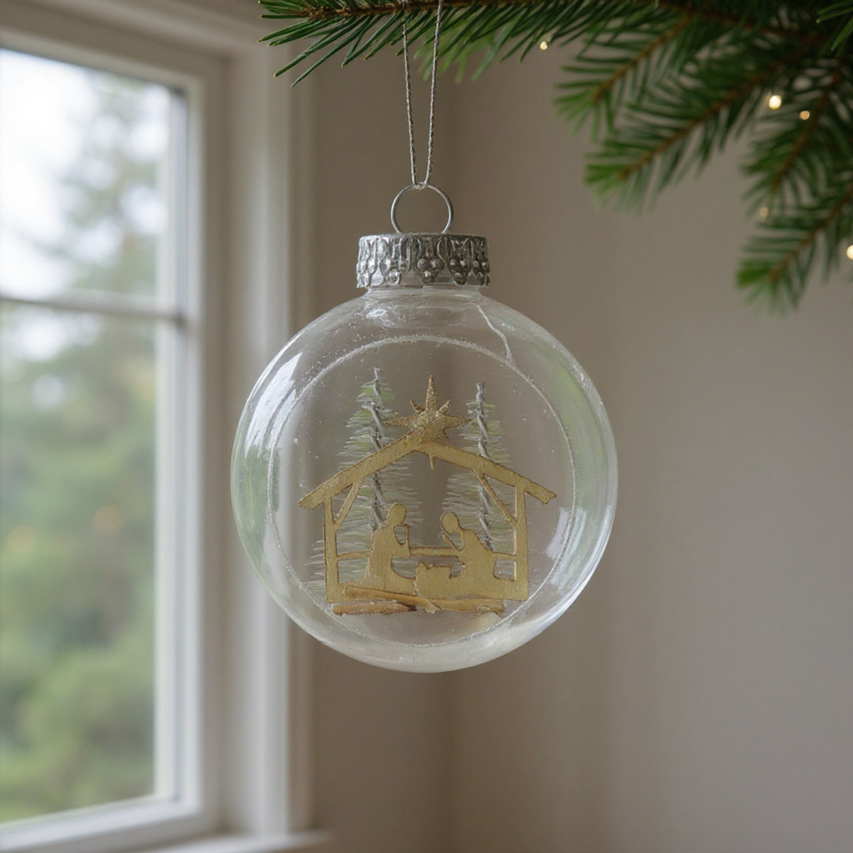 Adorno navideño transparente con belén dorado