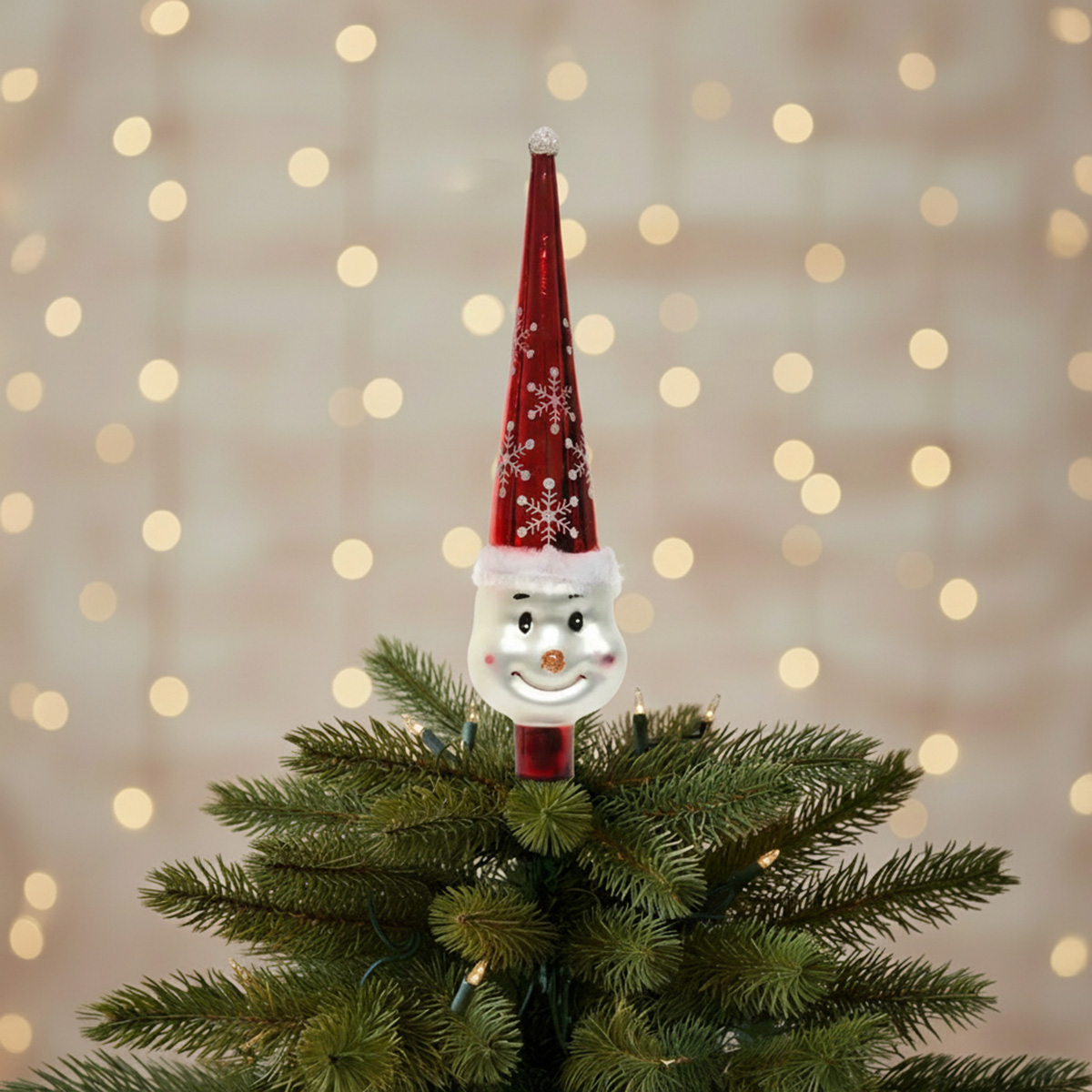 Pointe d'arbre de Noël bonhomme de neige en verre rouge et blanc