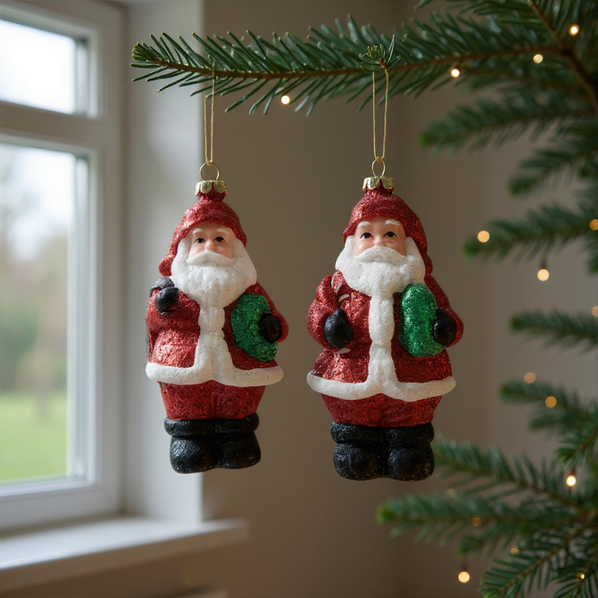 Due scintillanti decorazioni di Babbo Natale appese all'albero di Natale