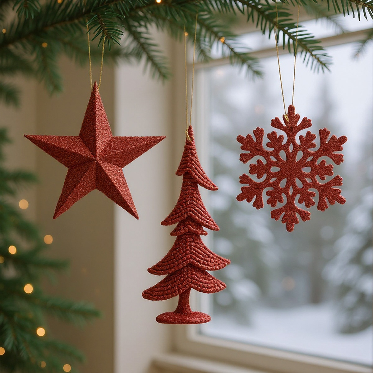 Décorations de Noël : étoile, sapin et flocon de neige rouges pailletés