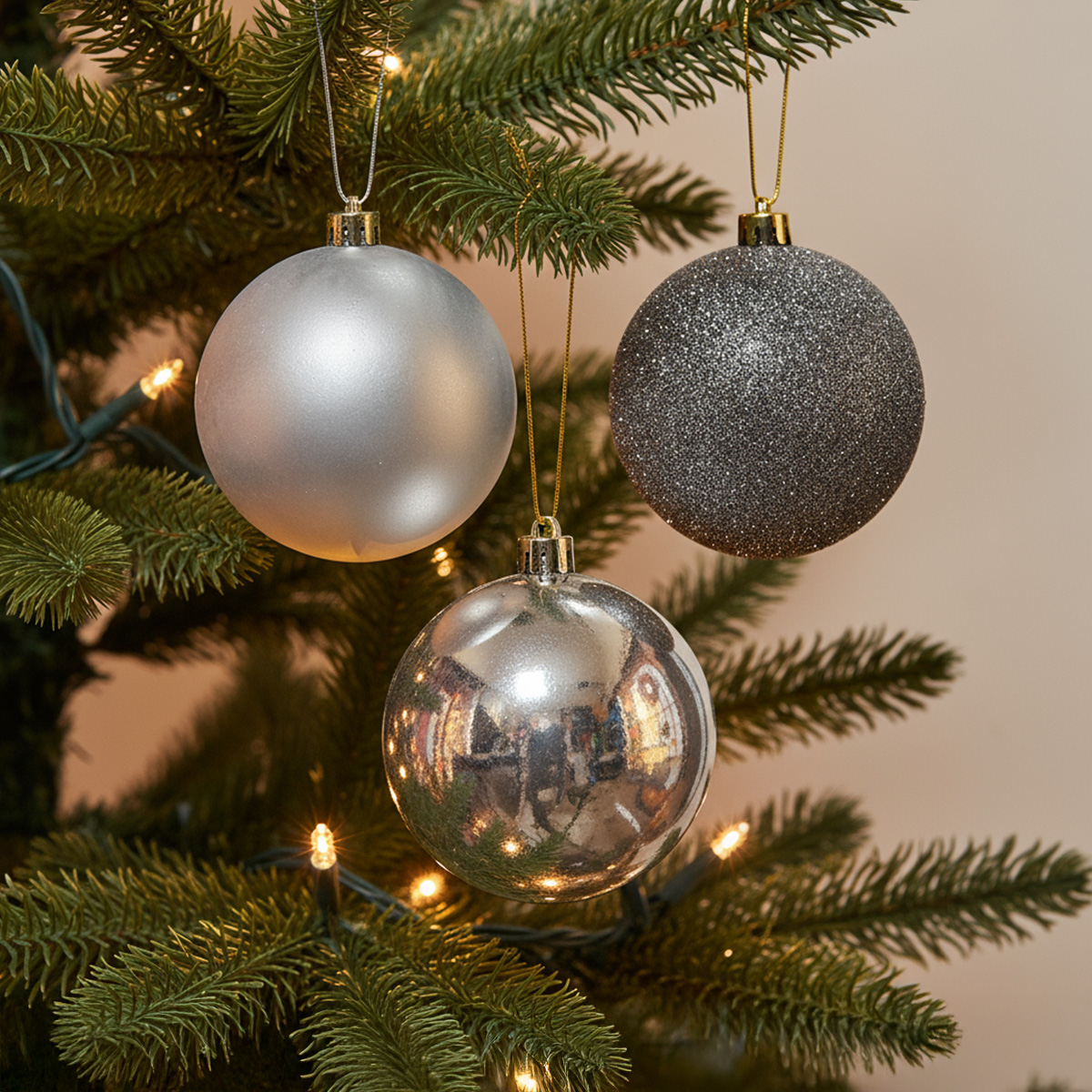 Boules de Noël argentées et pailletées sur un sapin décoré