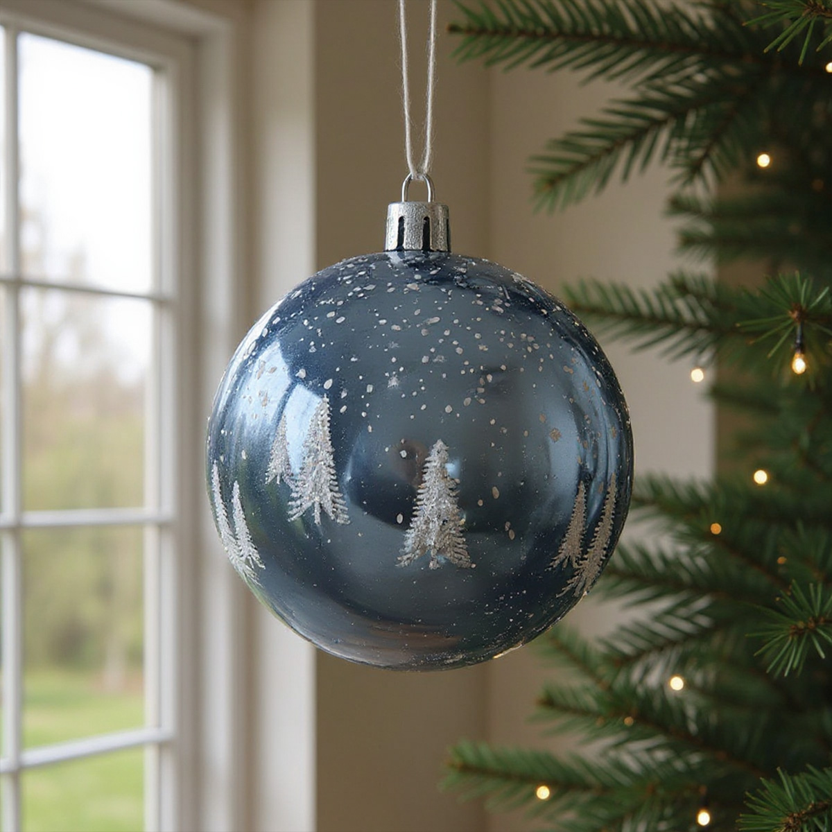 Boule de Noël bleue avec des arbres et des flocons de neige