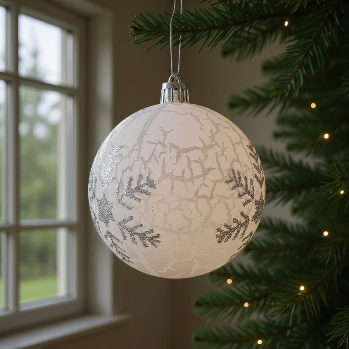 Boule de Noël blanche avec flocons de neige argentés sur un sapin