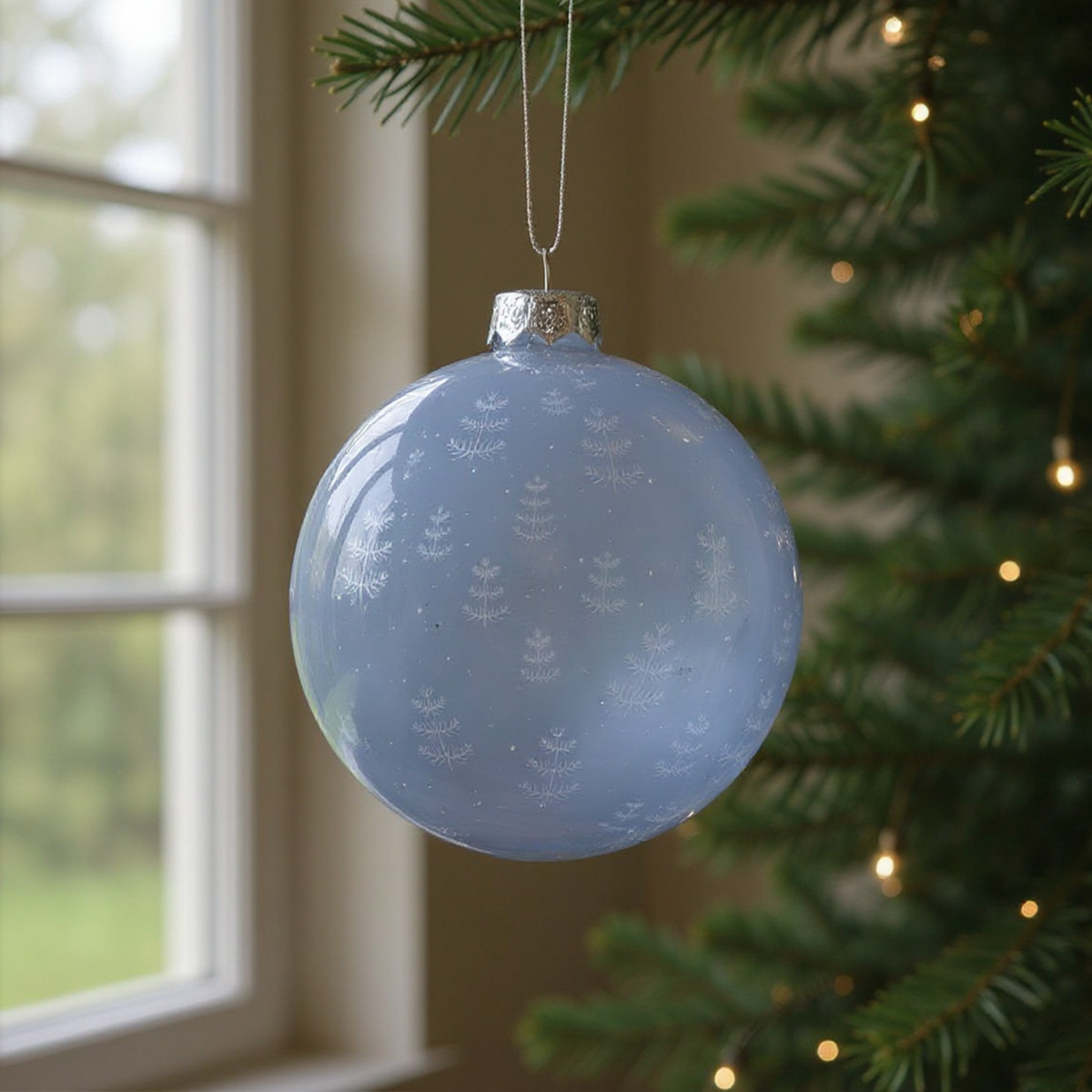 Boule de Noël bleue avec des flocons de neige suspendue à un sapin