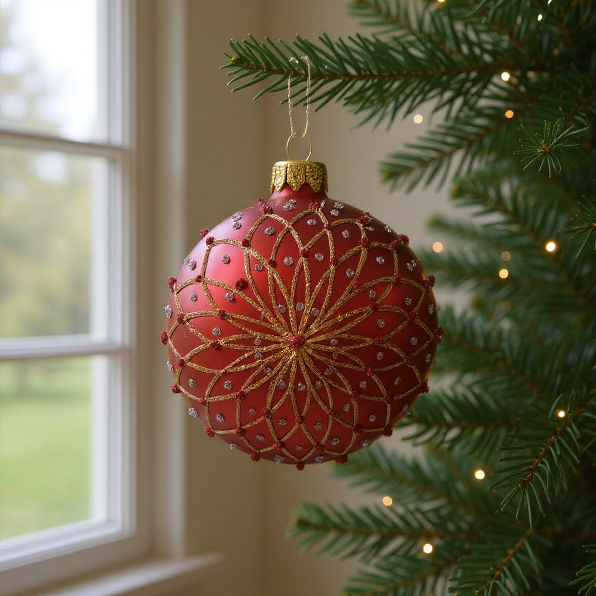 Boule de Noël rouge ornée de motifs dorés et de perles scintillantes