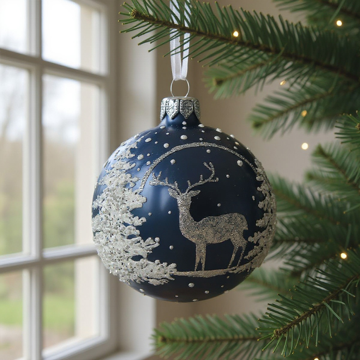 Boule de Noël bleue avec un cerf argenté et un arbre enneigé