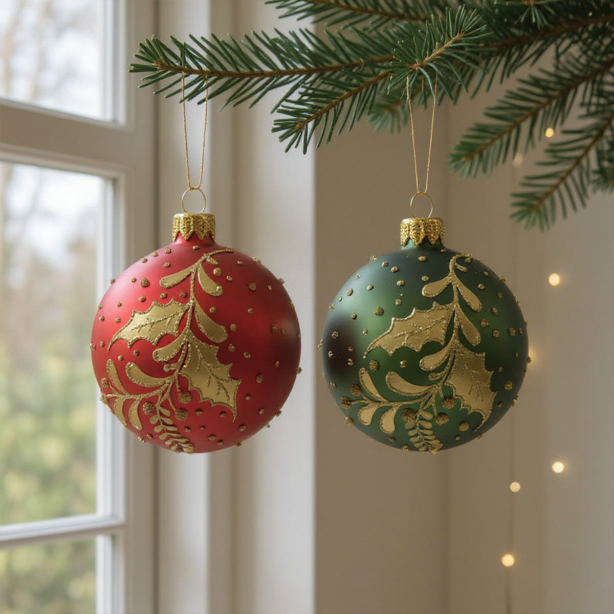 Boules de Noël rouges et vertes avec des décorations dorées de houx
