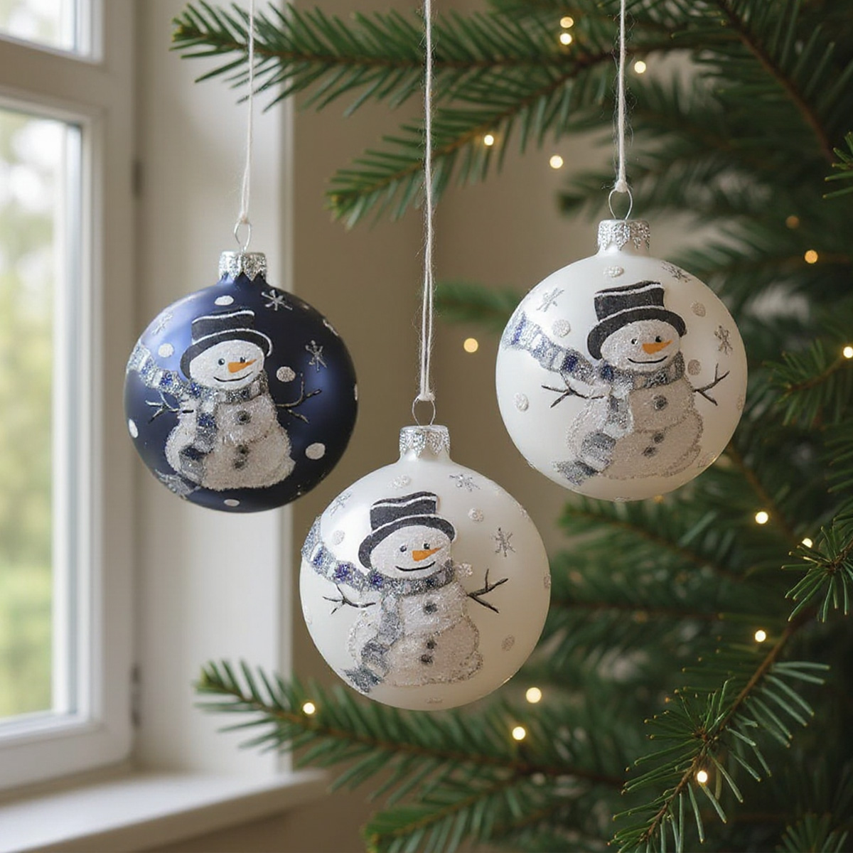 Boules de Noël avec des bonhommes de neige suspendus à un sapin