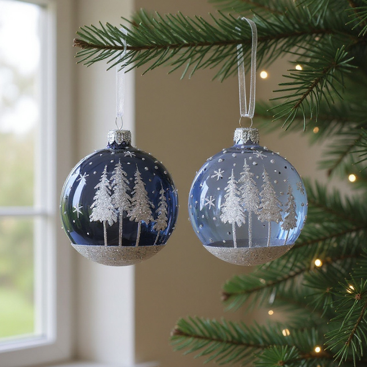 Boules de Noël bleues avec des arbres argentés scintillants sur un sapin