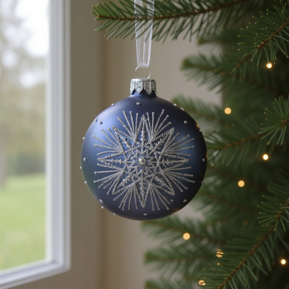 Boule de Noël bleue avec flocon de neige argenté accrochée à un sapin
