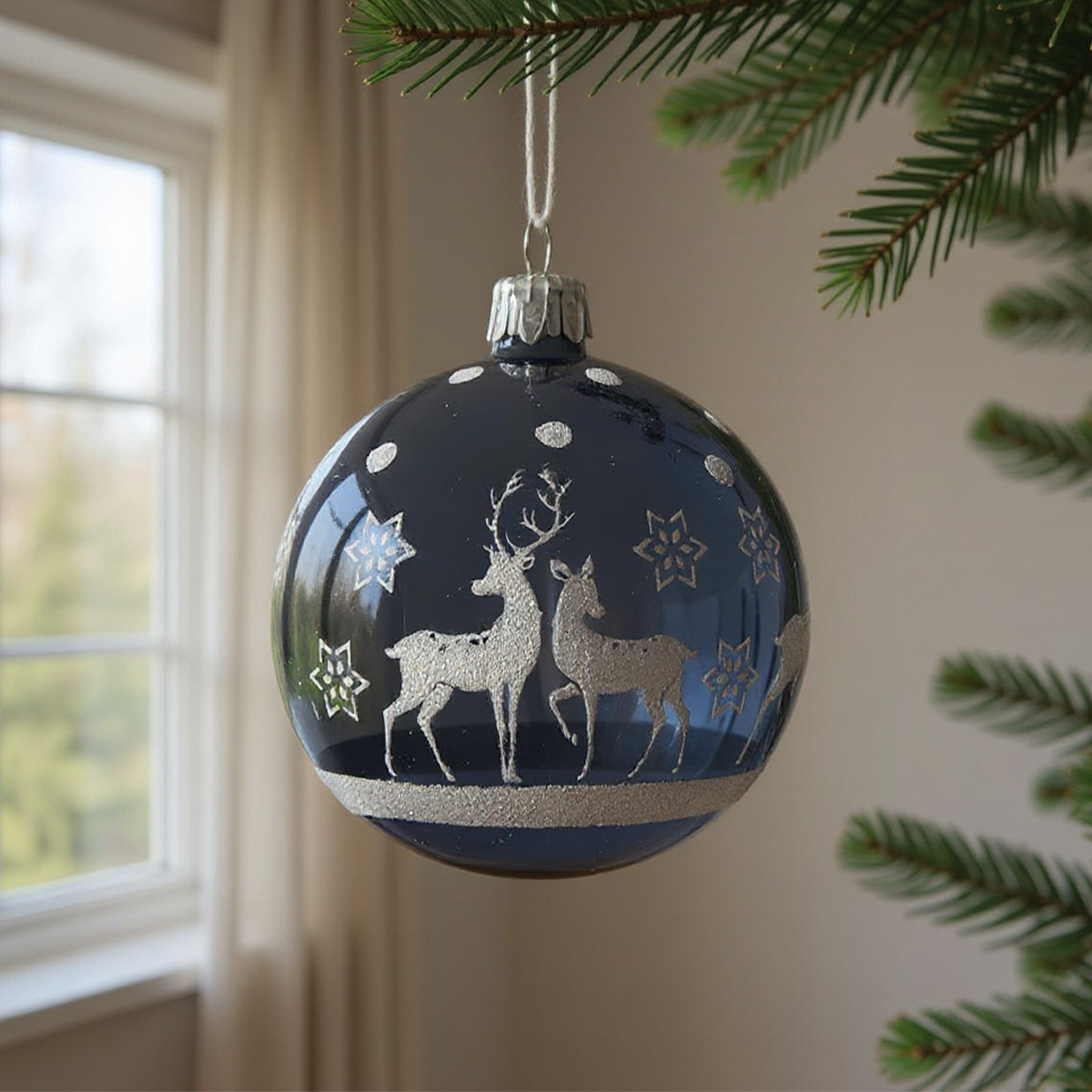 Blaue Weihnachtskugel mit Rentieren und silbernen Sternen