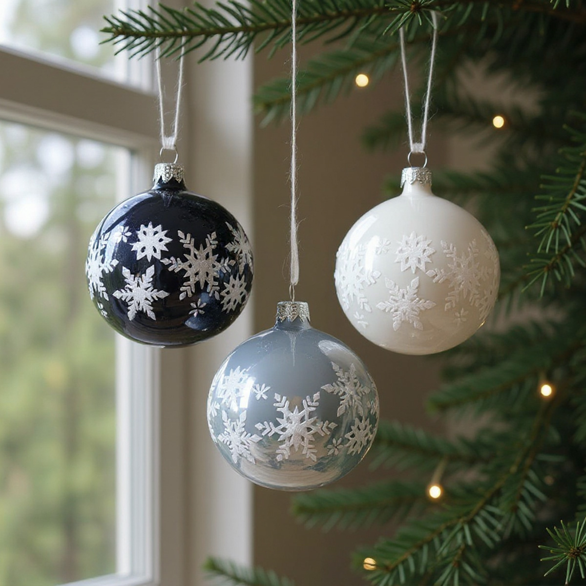 Boules de Noël bleues, blanches et grises avec des flocons de neige