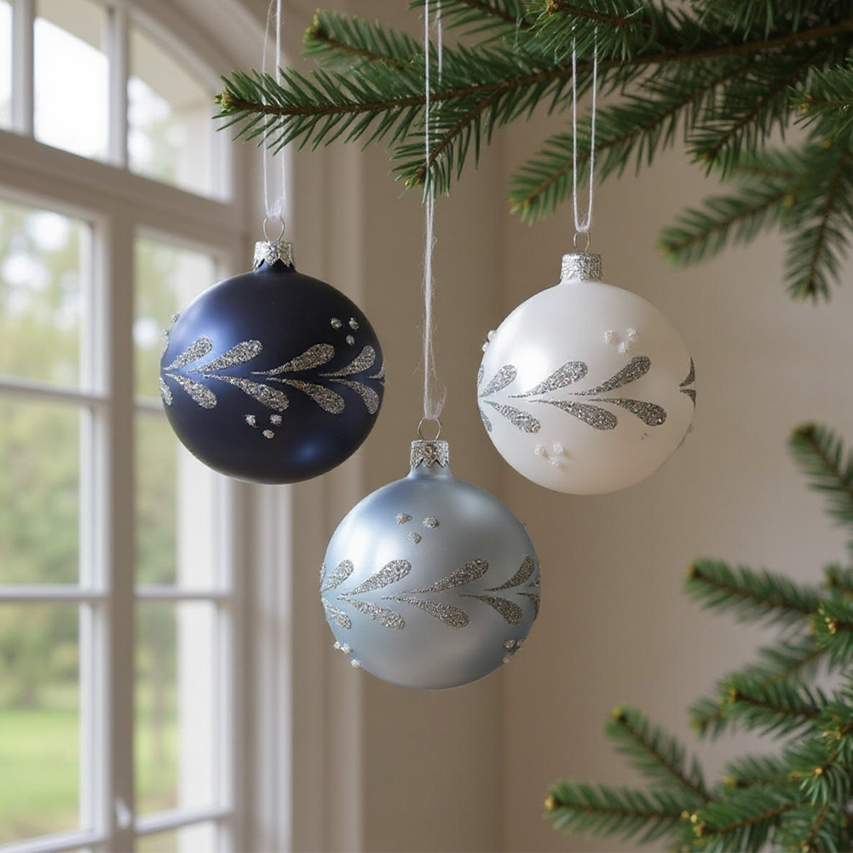 Boules de Noël bleues, blanches et bleues claires avec des décorations argentées suspendues à un arbre