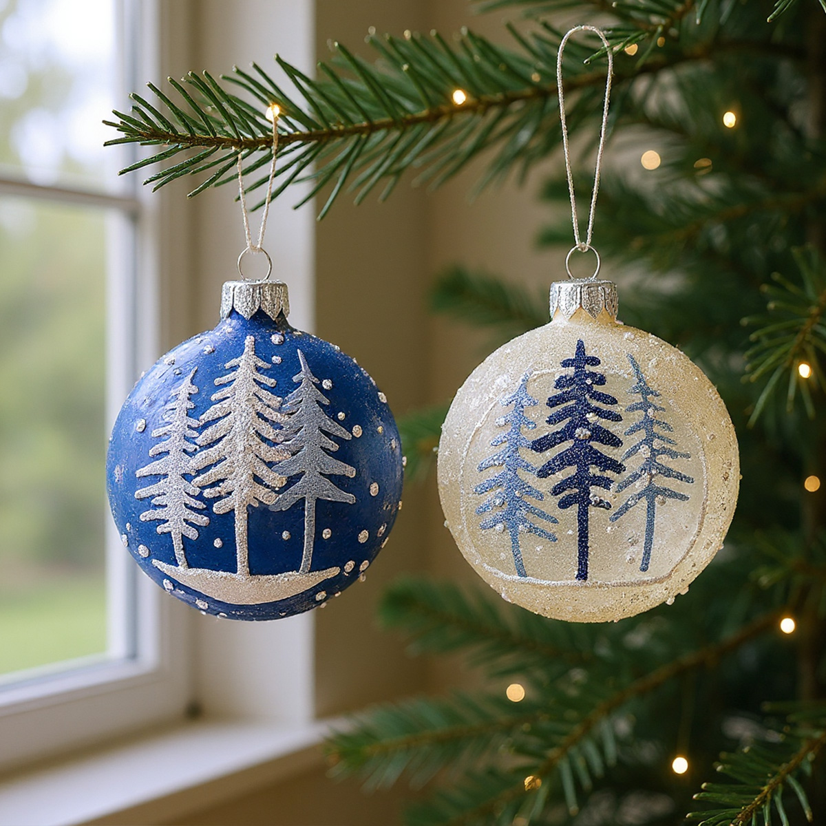 Boules de Noël bleues et blanches avec des arbres argentés suspendues à un sapin