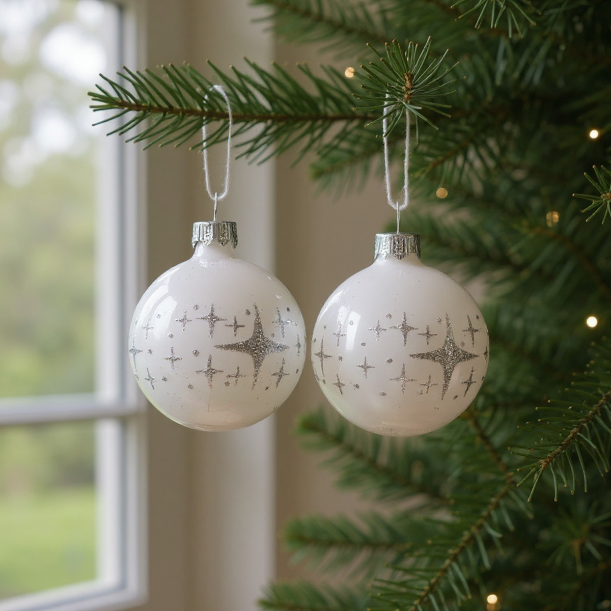 Boules de Noël blanches avec étoiles argentées sur un sapin