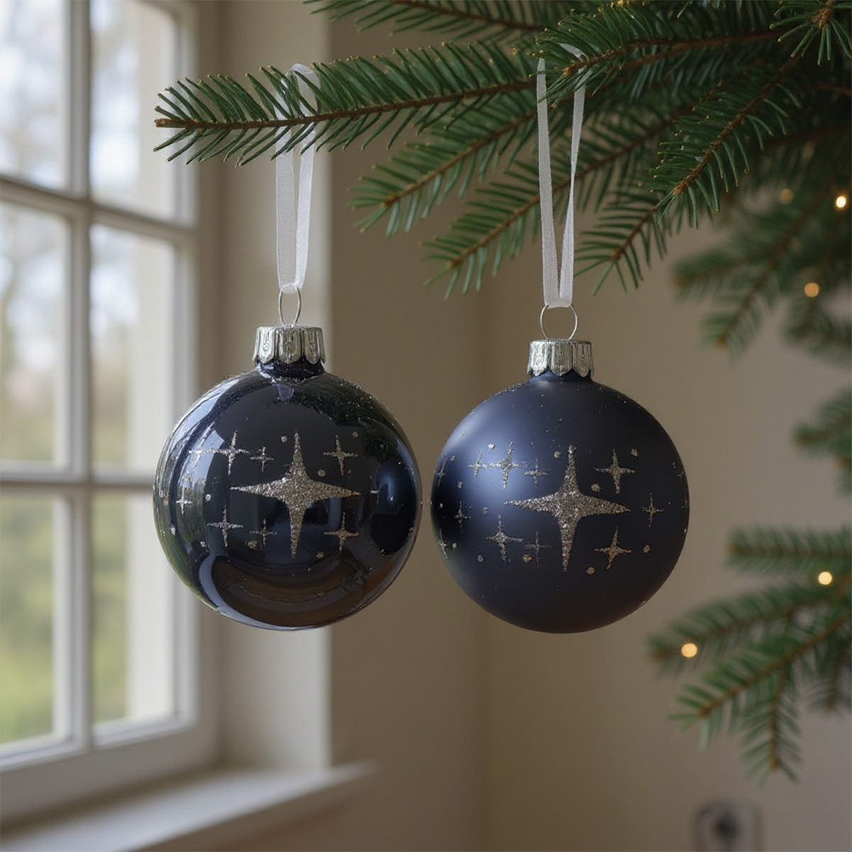 Deux boules de Noël bleues avec des étoiles scintillantes sur un sapin