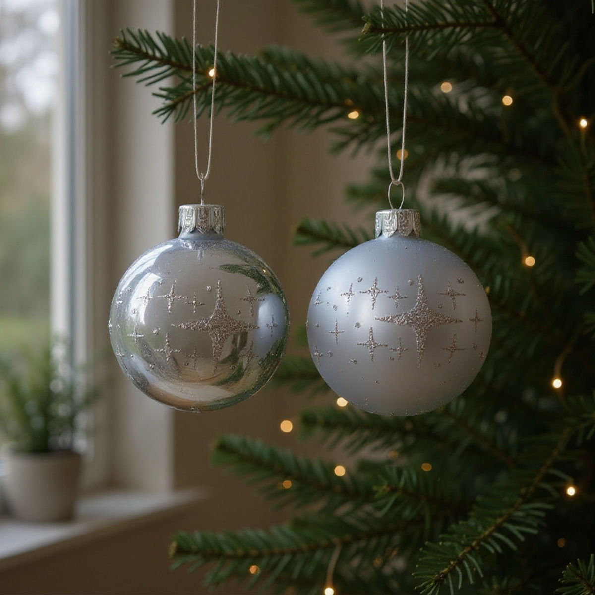 Deux boules de Noël argentées avec des étoiles scintillantes sur un sapin