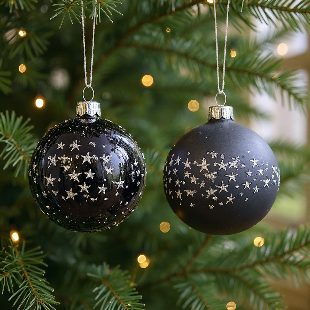 Boules de Noël noires avec des étoiles argentées sur un sapin