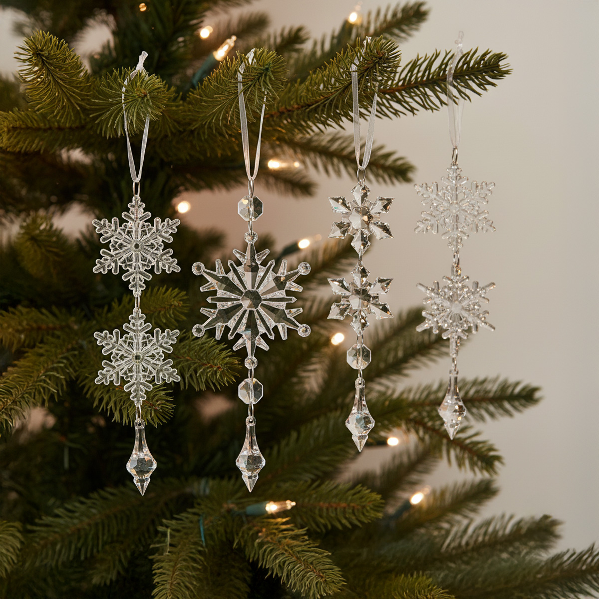 Décorations de flocons de neige en cristal suspendues à un sapin de Noël