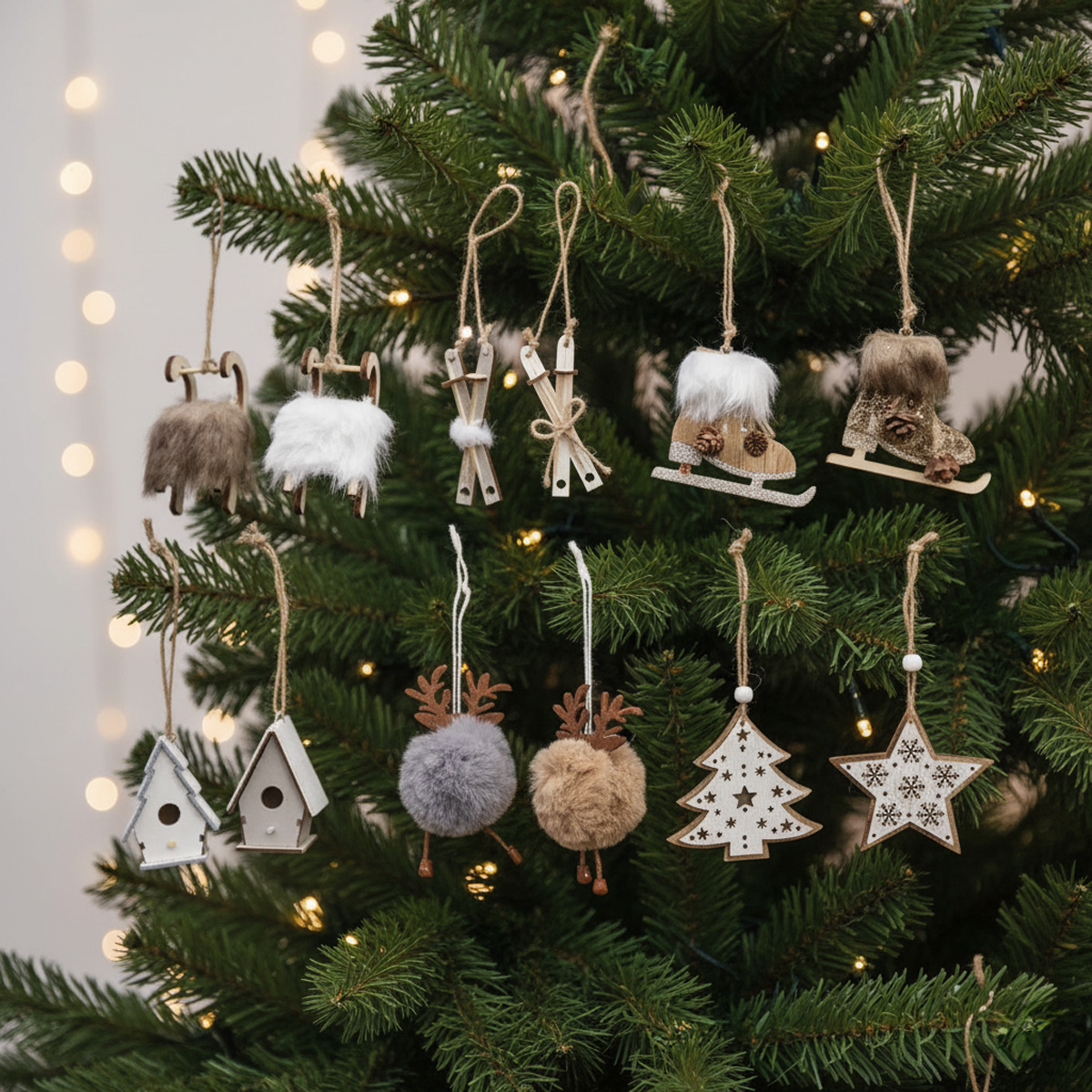 Décorations de Noël en bois : traîneaux, skis, patins, rennes, nichoirs, sapins et étoiles
