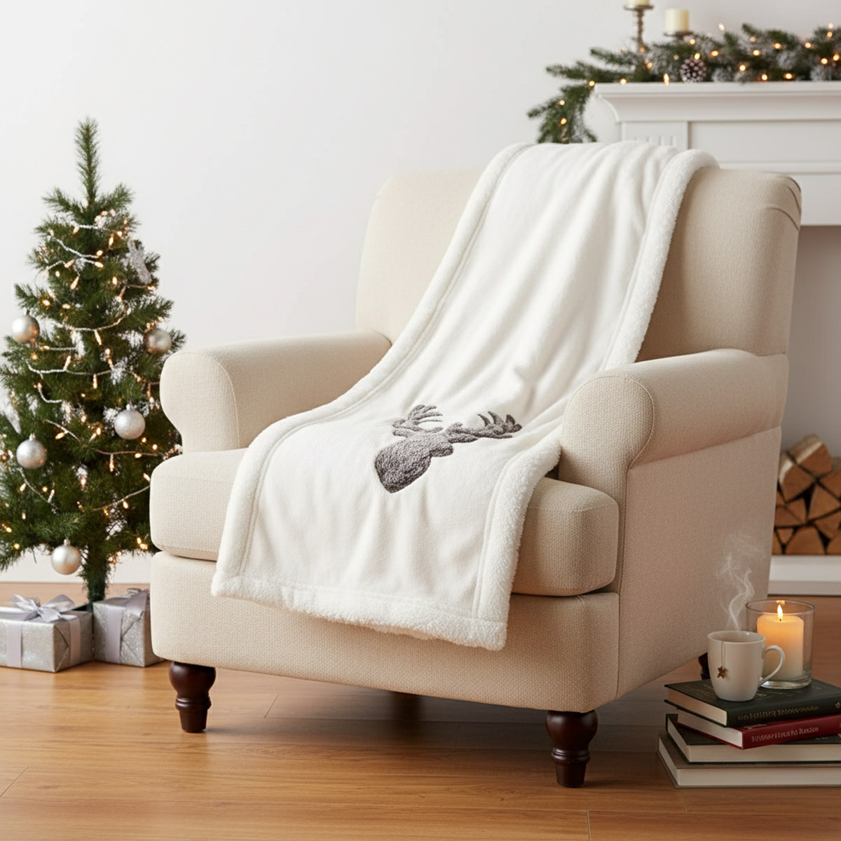 Couverture blanche avec un motif de cerf sur un fauteuil beige près d'un sapin de Noël