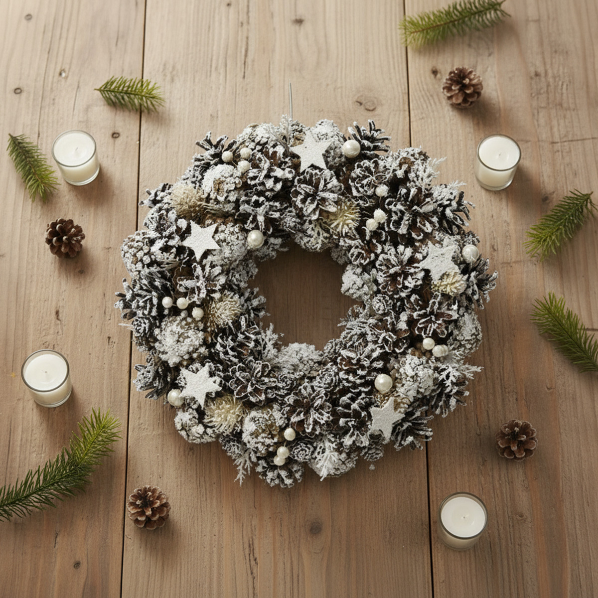 Couronne de pommes de pin enneigées avec des bougies et des branches de sapin
