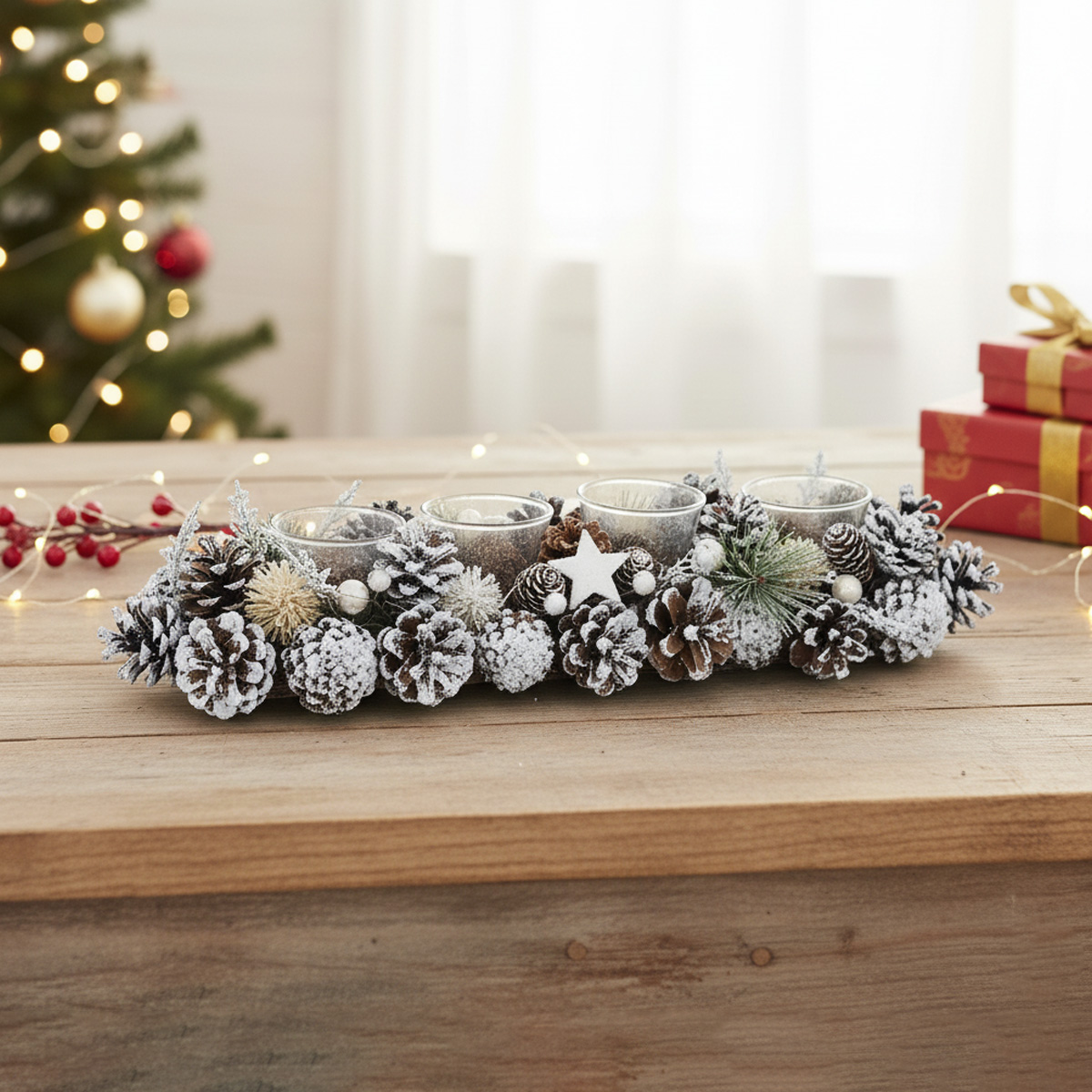 Christmas candle wreath with snowy pine cones and festive decorations