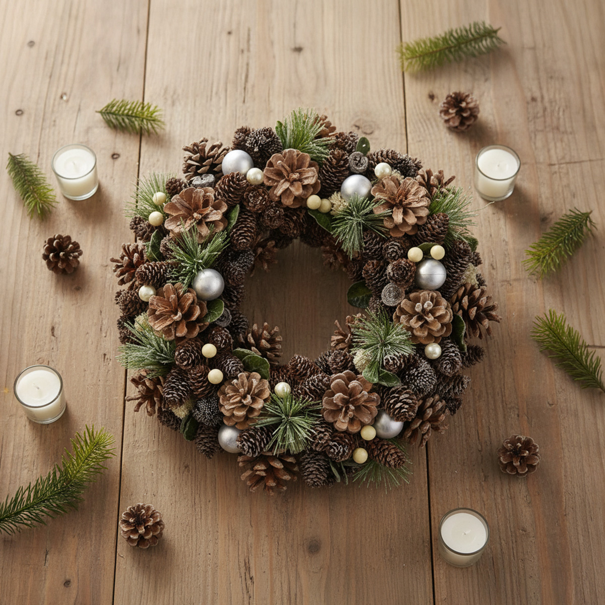 Couronne de Noël en pommes de pin et boules argentées sur fond de bois