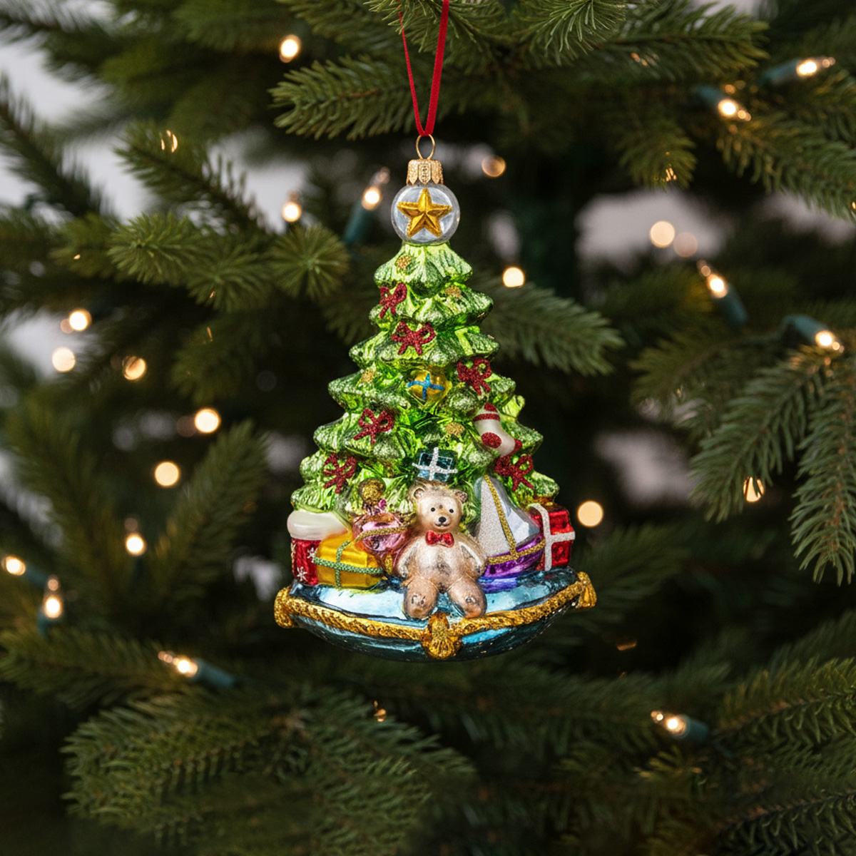 Decorazione in vetro per albero di Natale con orsacchiotto e regali