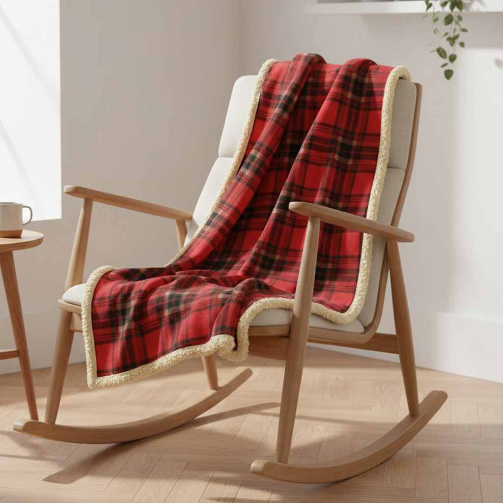 Houten schommelstoel met rode tartan hoes en sherpa rand