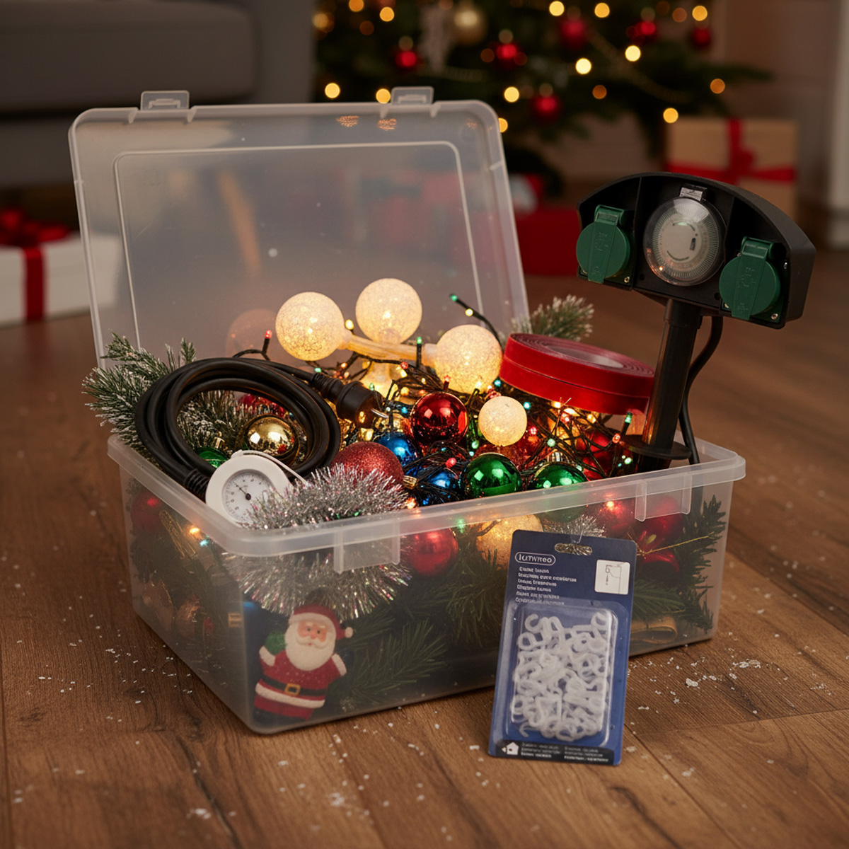 Doorzichtige opbergdoos gevuld met kerstversiering en lampjes