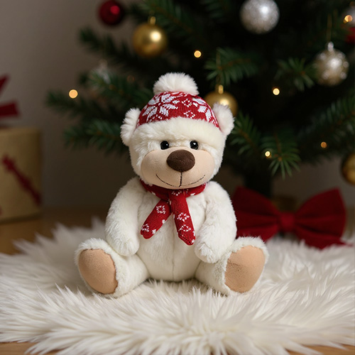 Witte teddybeer met rode kerstmuts en sjaal
