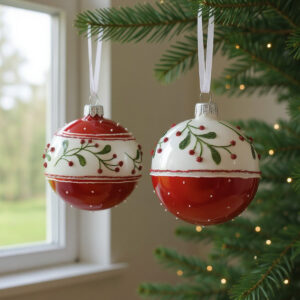 6 Weihnachtskugeln mit Tannenzweigen und roten Beeren
