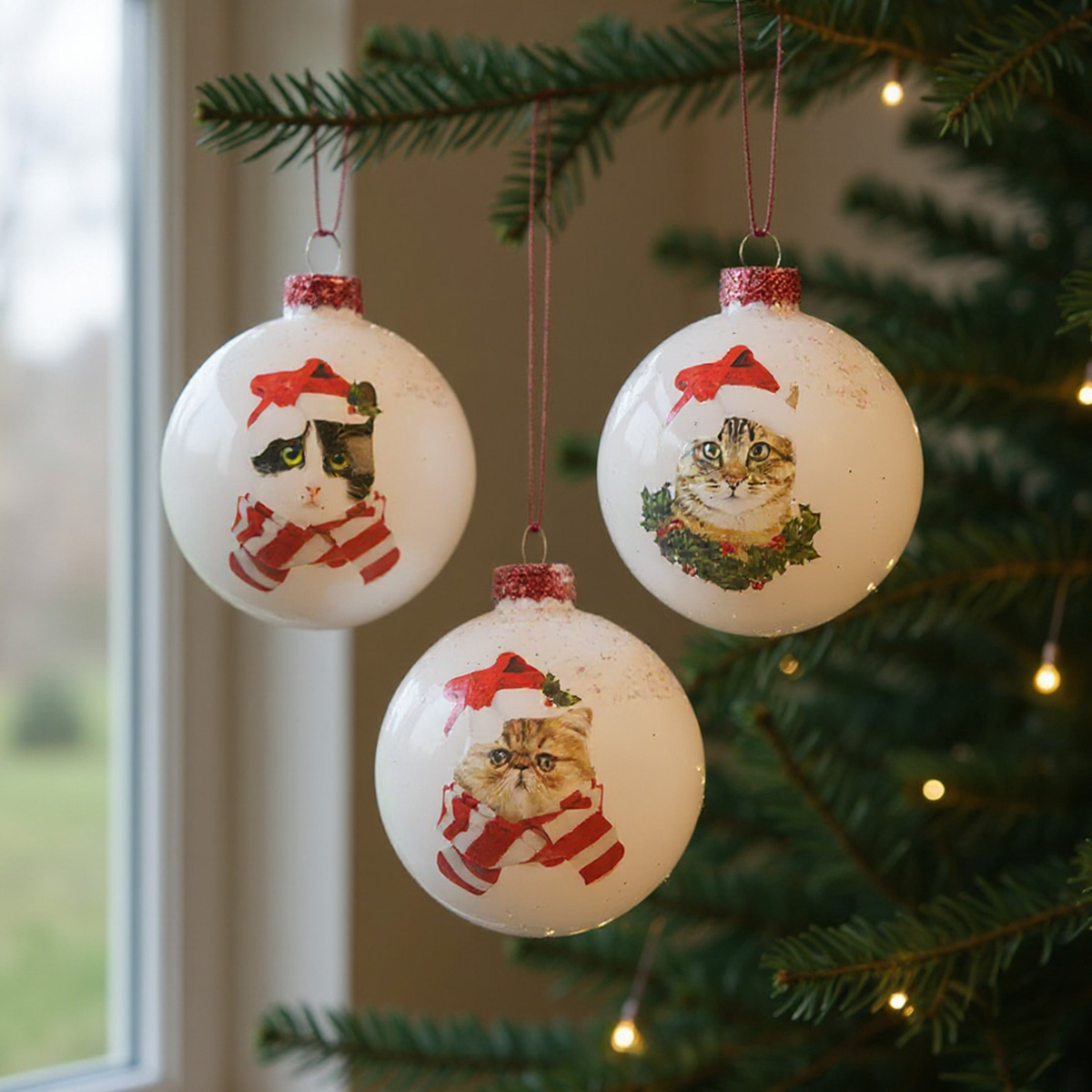 Boules de Noël avec des chats portant des bonnets de Père Noël et des écharpes