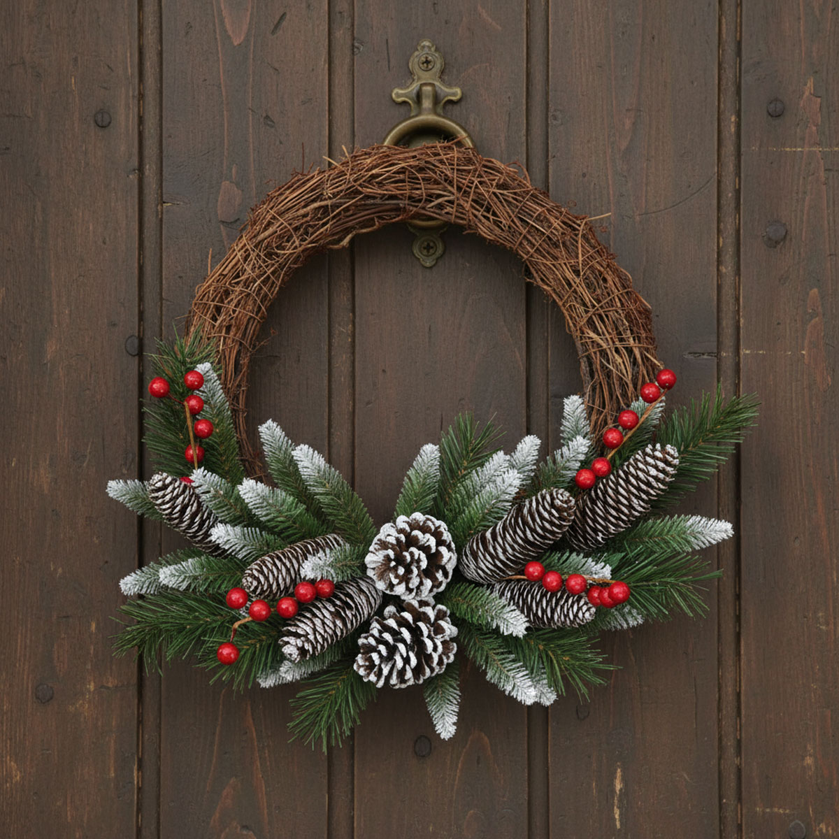 Couronne de Noël en vigne avec pommes de pin et baies rouges sur une porte en bois