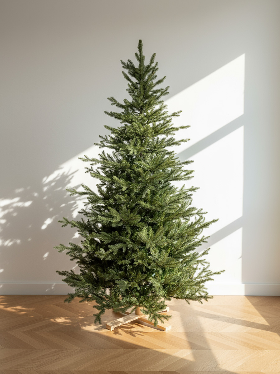 Albero di Natale verde su un pavimento in legno