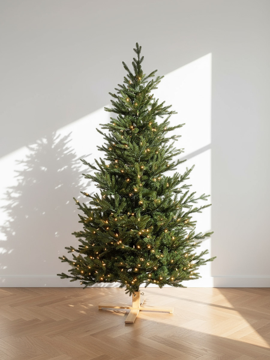 Un albero di Natale verde illuminato con luci calde su un pavimento in parquet