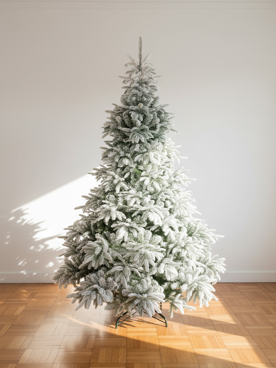 Sapin de Noël enneigé sur parquet en bois