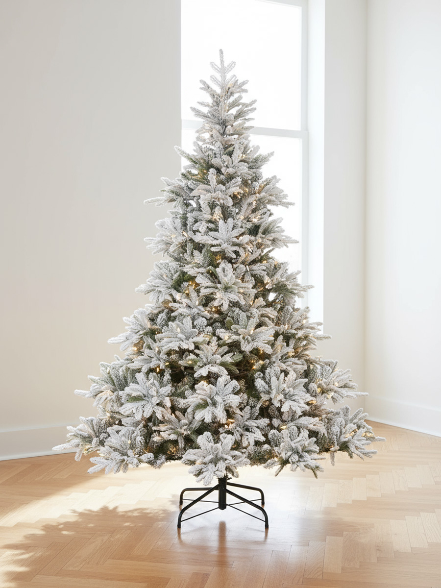 Snow-covered Christmas tree with warm lights on a parquet floor