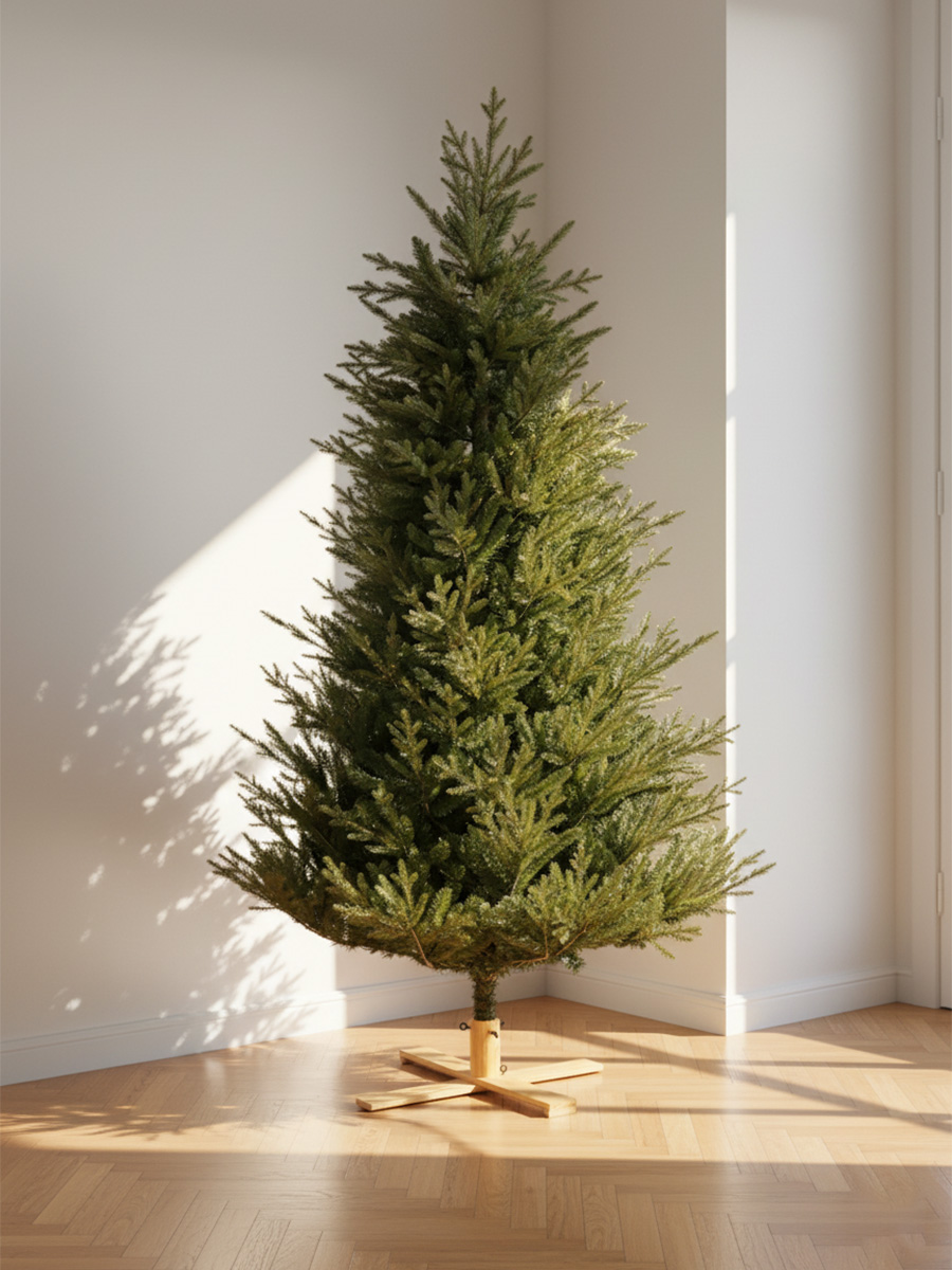 Albero di Natale verde con supporto in legno su pavimento in parquet