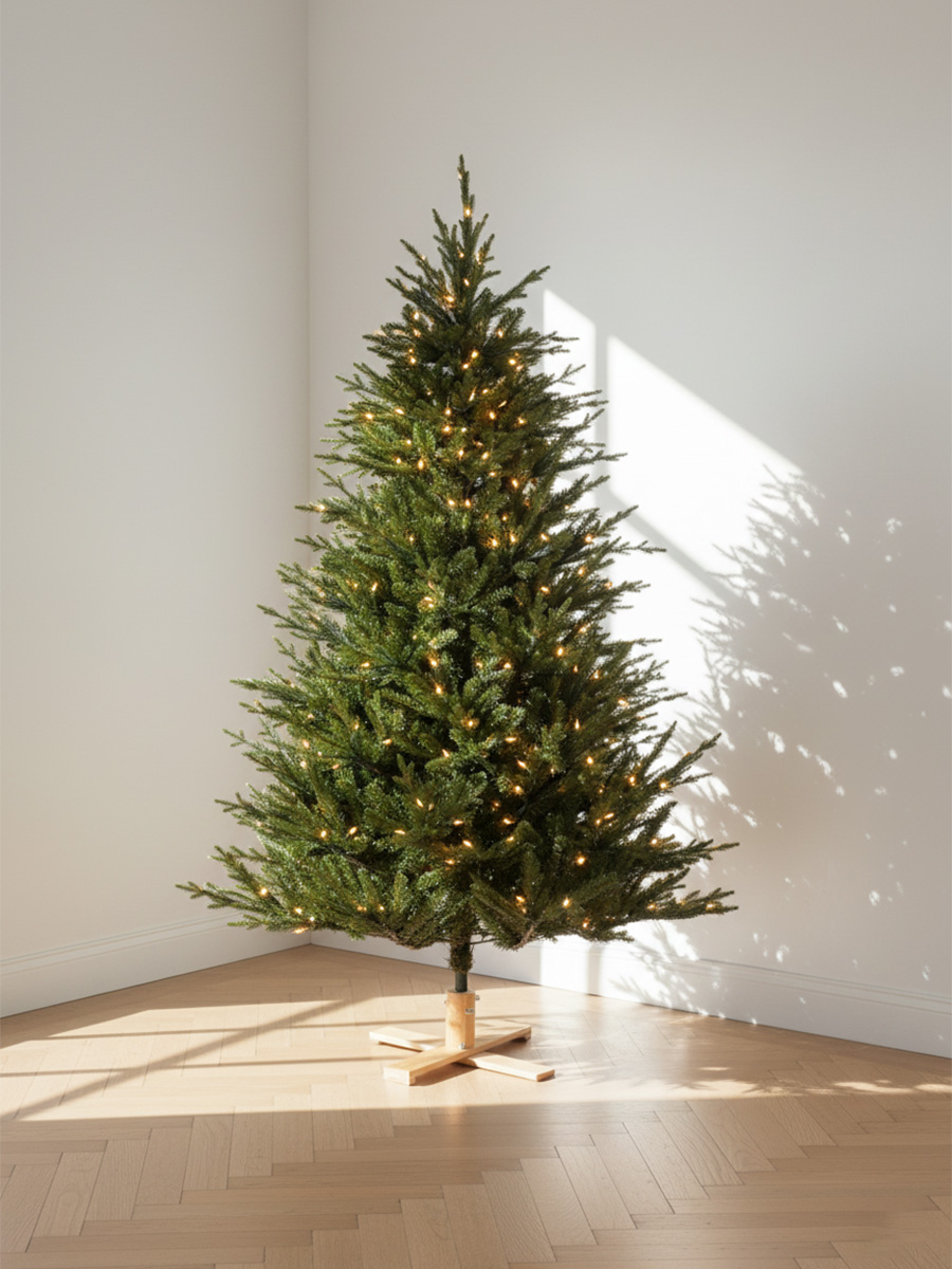 Un albero di Natale verde illuminato nell'angolo della stanza