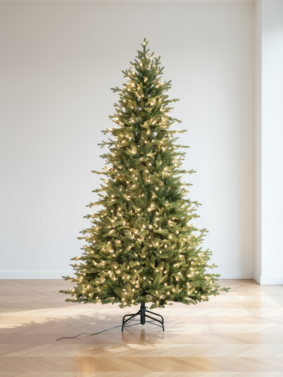 Sapin de Noël vert illuminé sur parquet en bois