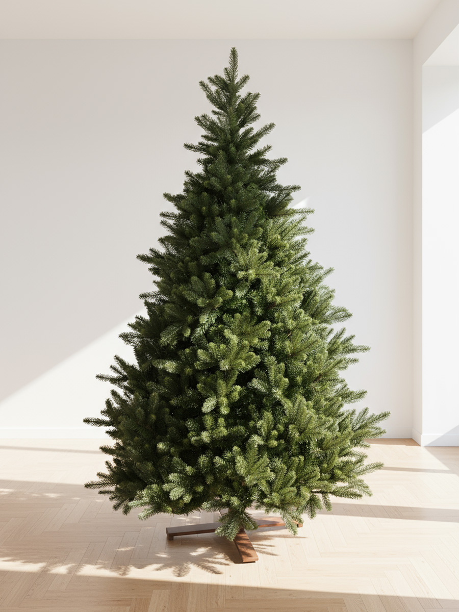 Albero di Natale verde su un pavimento in legno chiaro