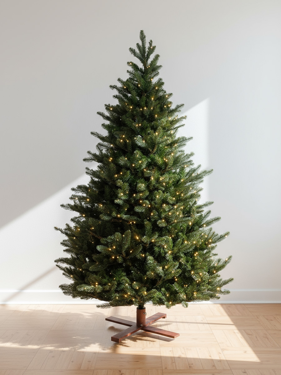 Albero di Natale artificiale con luci su supporto in legno